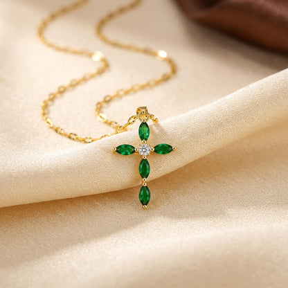 Kruis collier met marquise smaragd in goud