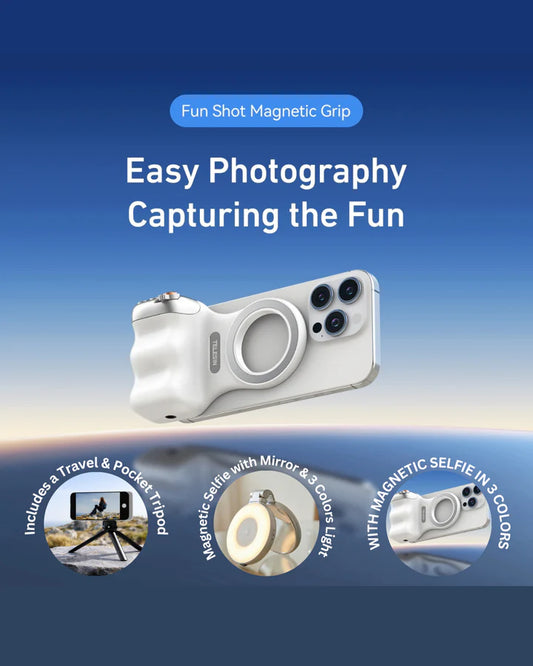 GripShot Pro – Magnetische Telefoon Camera Grip met Ontspanknop & Magnetische Selfie Lamp & Statief 2.0