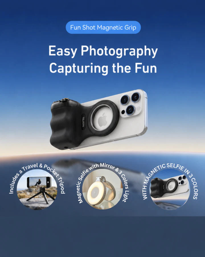 GripShot Pro – Magnetische Telefoon Camera Grip met Ontspanknop & Magnetische Selfie Lamp & Statief 2.0