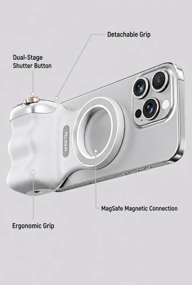 GripShot Pro – Magnetische Telefoon Camera Grip met Ontspanknop & Magnetische Selfie Lamp & Statief 2.0