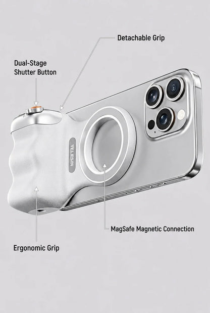 GripShot Pro – Magnetische Telefoon Camera Grip met Ontspanknop & Magnetische Selfie Lamp & Statief 2.0