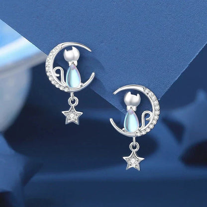 Kattenoorbellen met maan en ster van 925 sterling zilver met zirkonia