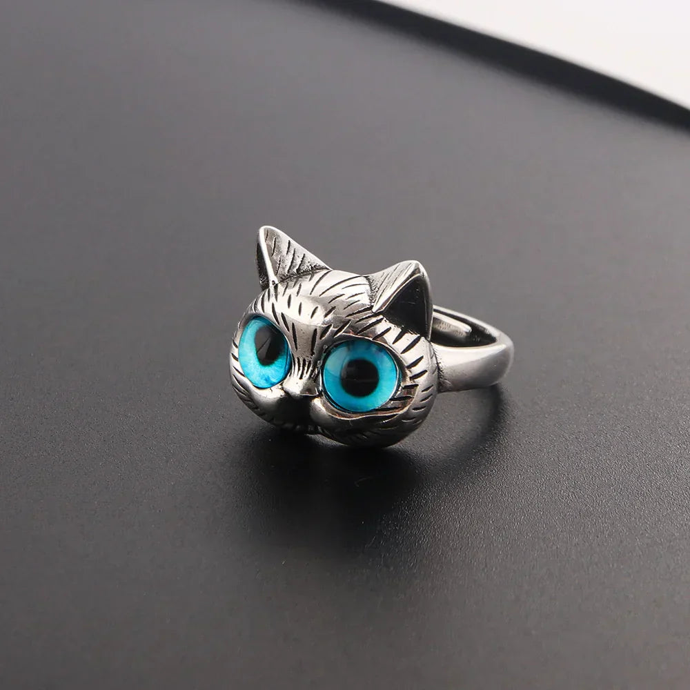 Kat Ring met Blauwe Ogen – Speelse Vintage Zilveren Dierenring voor Kattenliefhebbers