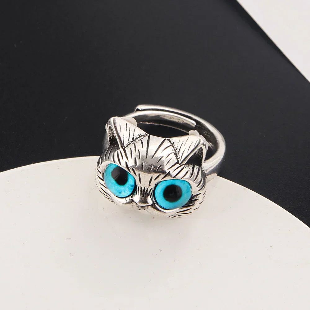 Kat Ring met Blauwe Ogen – Speelse Vintage Zilveren Dierenring voor Kattenliefhebbers