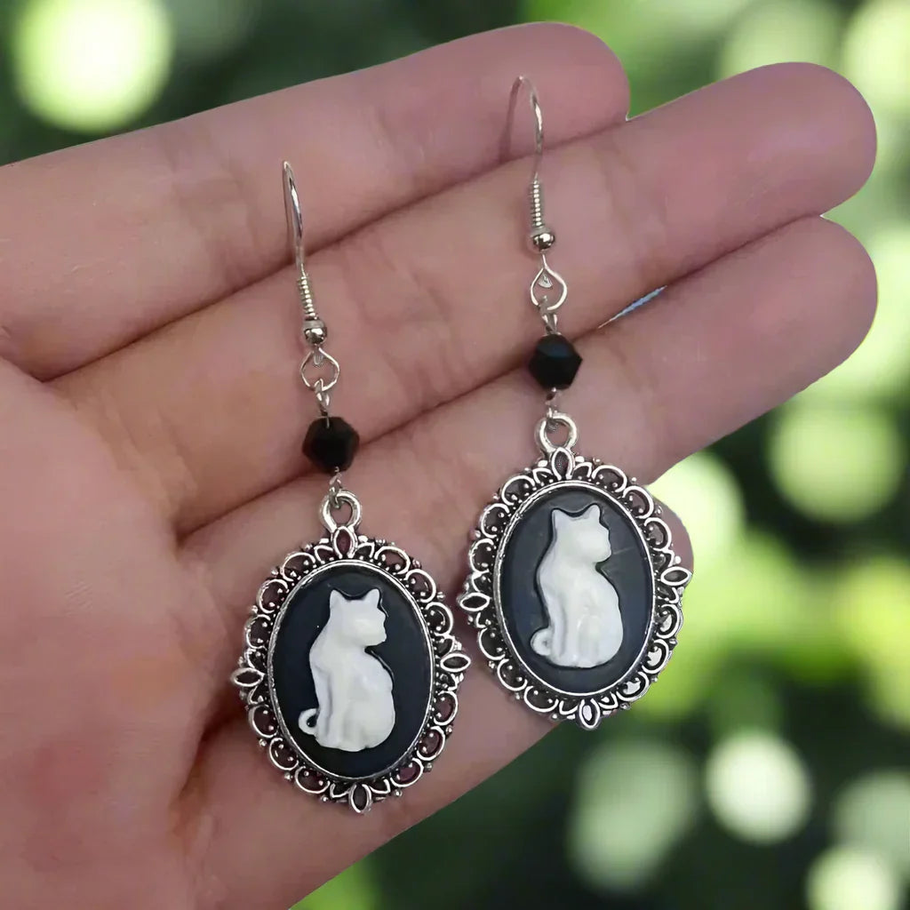 Vintage Witte Kat Druppel Oorbellen – Zilverkleurige Sieraden voor Dames