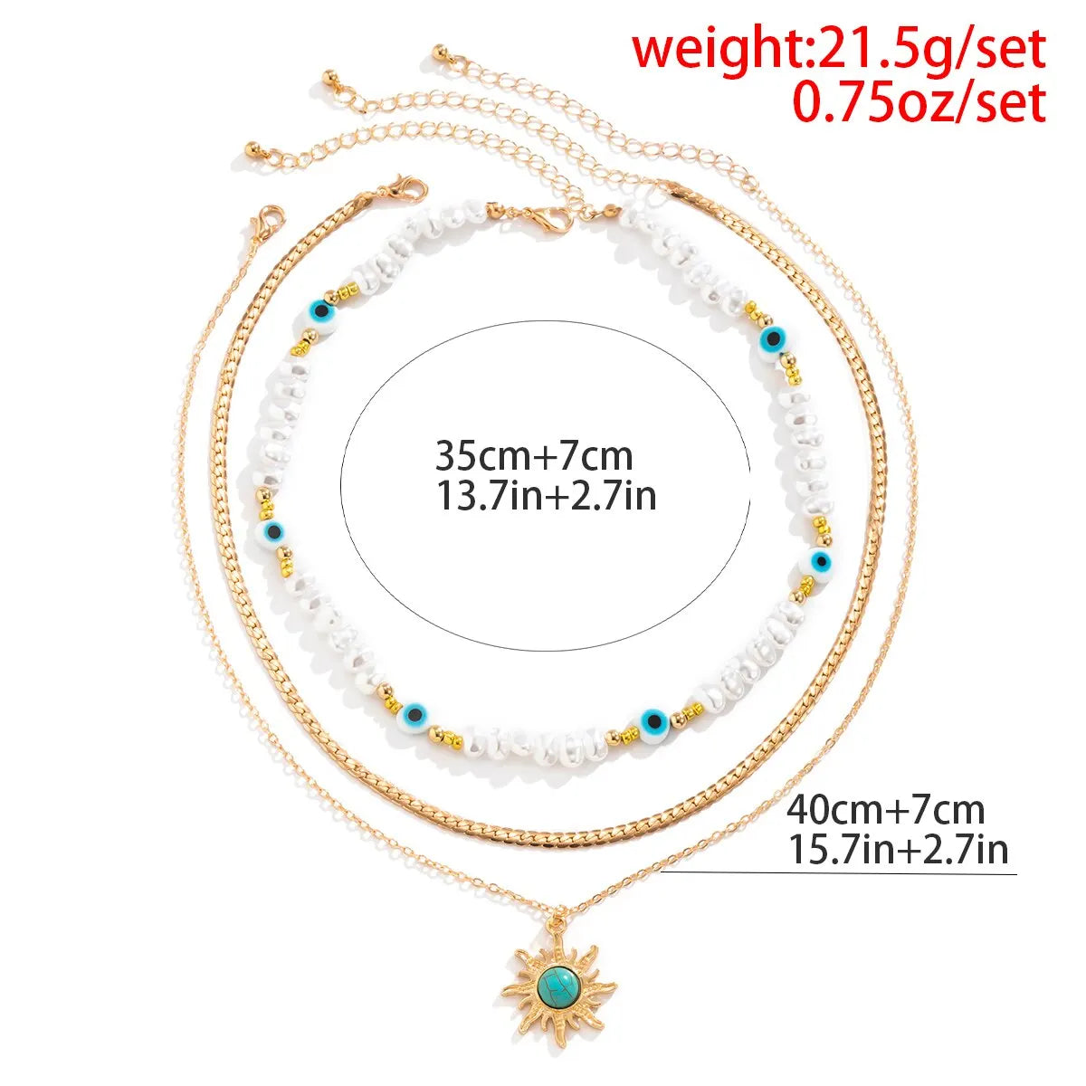 Set van Gelaagde Kettingen Parels & Boze Oog – Boho Zonnehanger