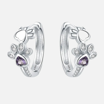 Paw Huggie-oorbellen in zilver met zirkonia en hartvormige edelsteen
