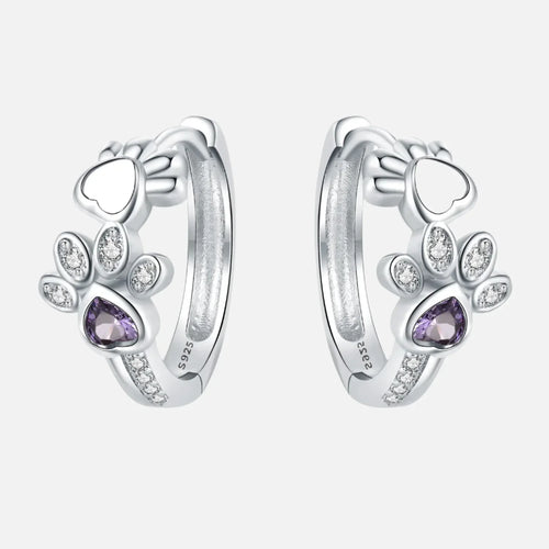 Paw Huggie-oorbellen in zilver met zirkonia en hartvormige edelsteen