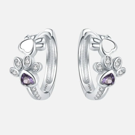 Paw Huggie-oorbellen in zilver met zirkonia en hartvormige edelsteen