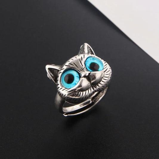 Kat Ring met Blauwe Ogen – Speelse Vintage Zilveren Dierenring voor Kattenliefhebbers