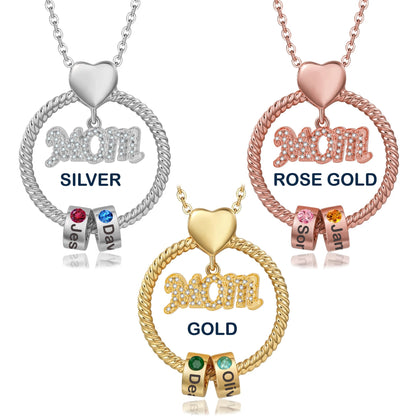 Gepersonaliseerde Cirkel Hanger Ketting met Gegraveerde Namen & Geboortesteen Kralen