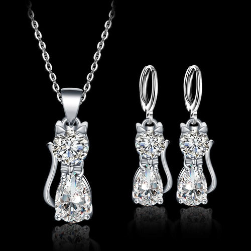 Complete set ketting + oorbellen Happy Cats van sterling zilver en glanzend witte zirkonia