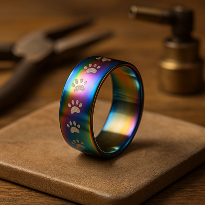 Roestvrijstalen handgemaakte ring met regenboog pootafdruk
