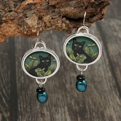Vintage Druppel Oorbellen met Tropische Zwarte Kat