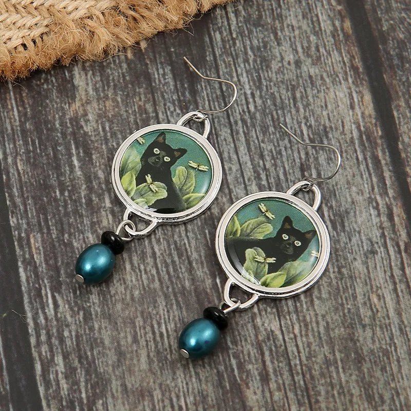 Vintage Druppel Oorbellen met Tropische Zwarte Kat